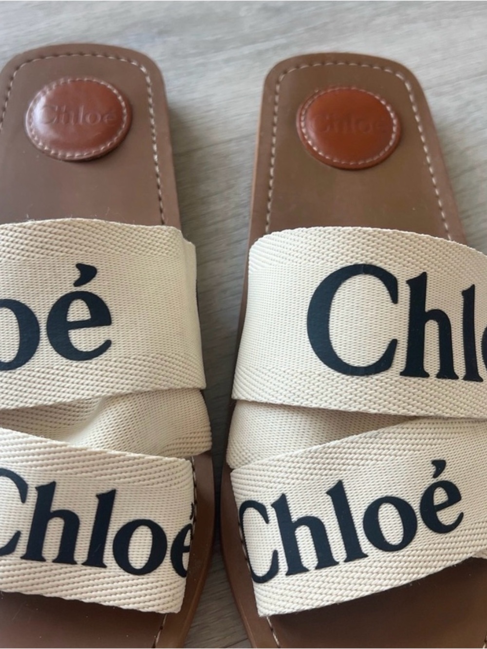 Chloé Beige Canvas Logo Brown Leather Slide Sandals - Picture 2 of 7